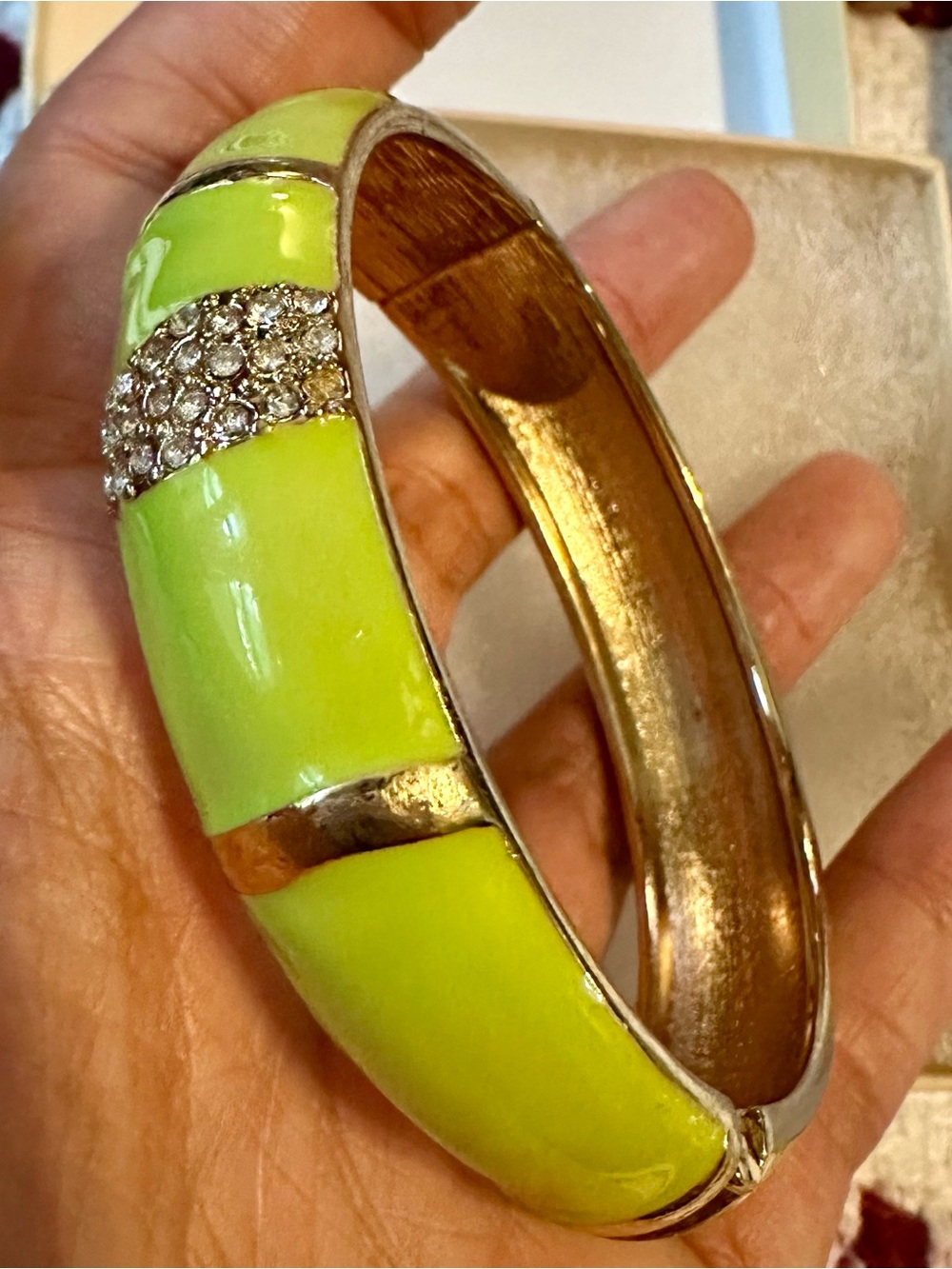 Sequin Lime Green Enamel Crystal Accent hinged Bangle Bracelet NIB